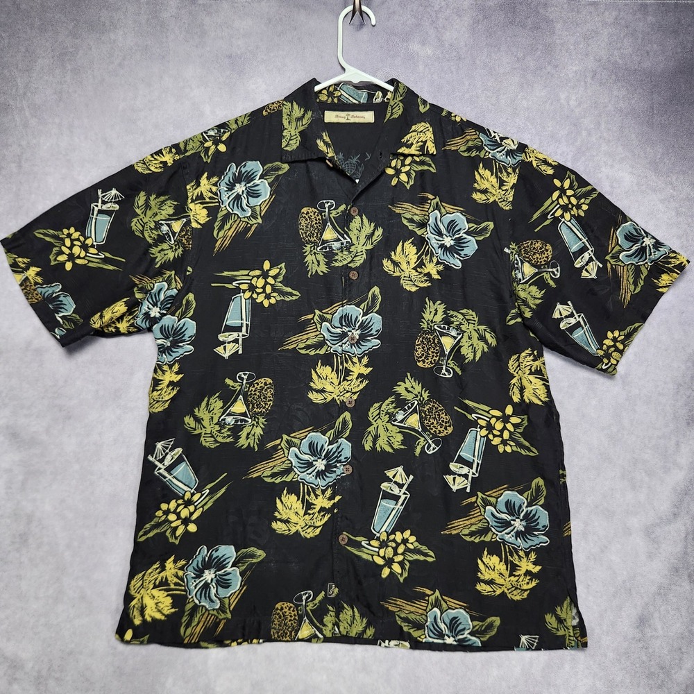 Tommy Bahama Mens Large 100% Silk Martini Pineapple Tropical Camp‎ Shirt Black